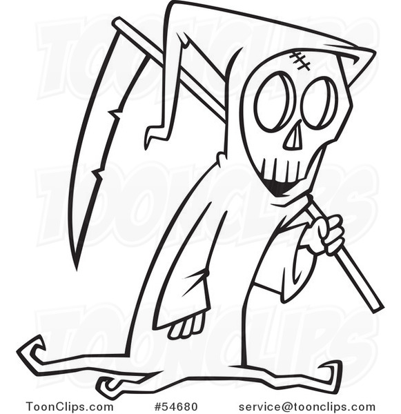 Cartoon Black and White Grim Reaper Carrying a Scythe over His Shoulder