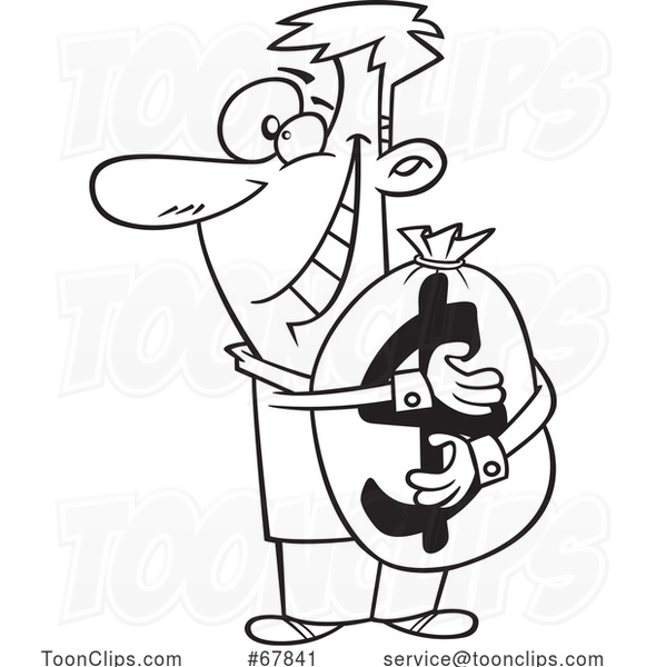 Cartoon Black and White Guy Hugging a Money Bag