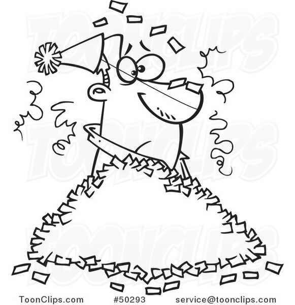 Cartoon Black and White Guy in a Pile of Party Confetti