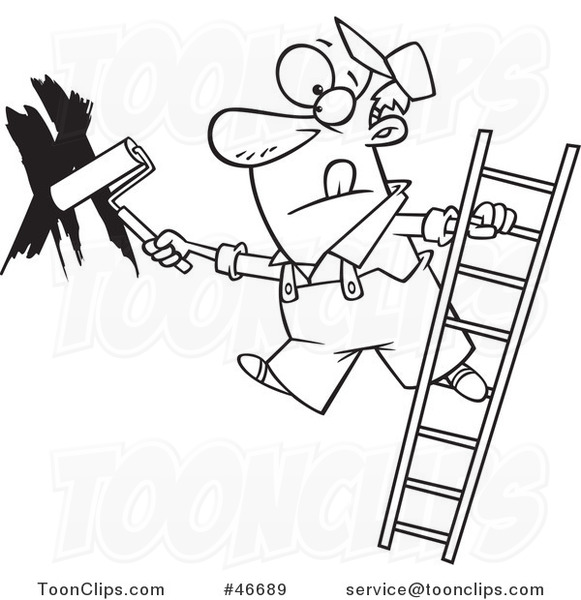Cartoon Black and White Guy Painting a Wall and Leaning off of a Ladder
