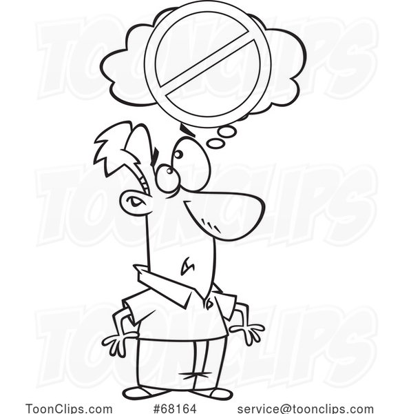 Cartoon Black and White Guy with a No Thinking Sign