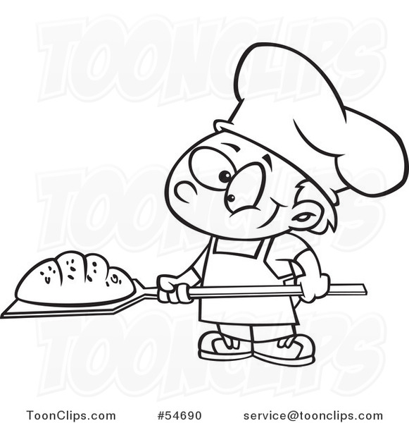 Cartoon Black and White Happy Baker Boy with Fresh Bread