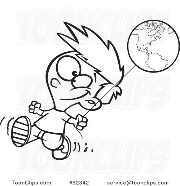 Cartoon Black and White Happy Boy Walking with an Earth Day Balloon