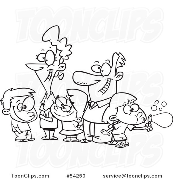 Cartoon Black and White Happy Family of Five