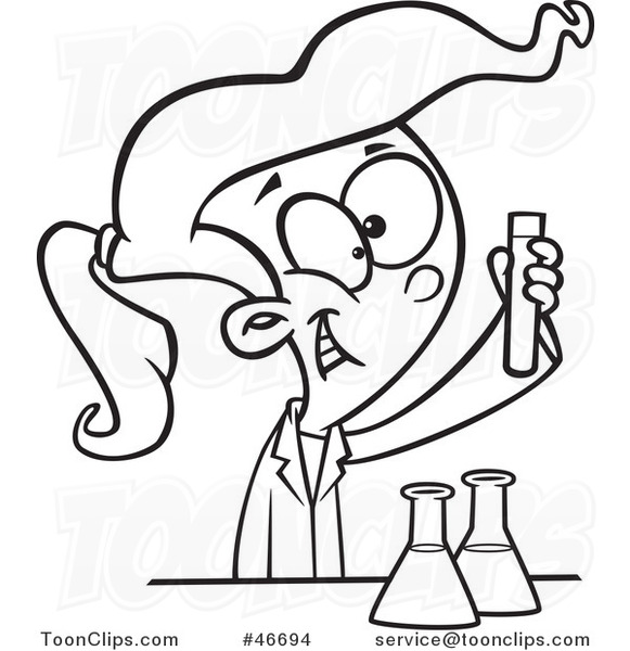 Cartoon Black and White Happy Girl Doing a Science Experiment
