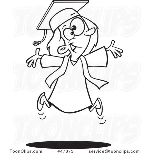 Cartoon Black and White Happy Graduate Girl Jumping