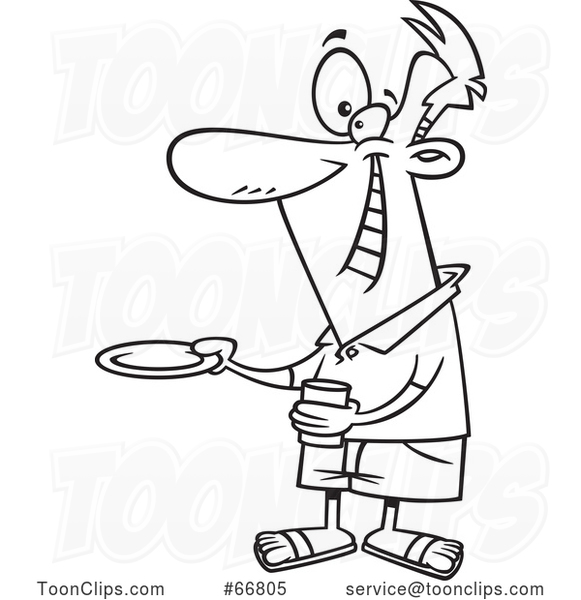 Cartoon Black and White Happy Guy Holding out a Plate for a Burger