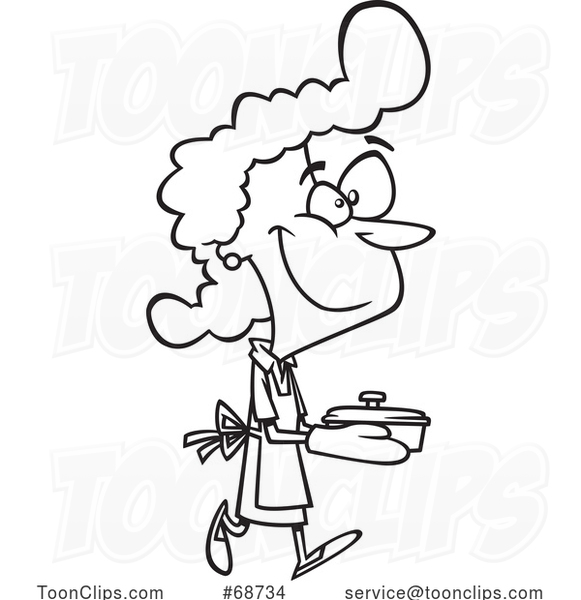 Cartoon Black and White Happy Housewife Carrying a Casserole