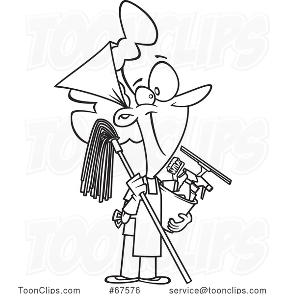 Cartoon Black and White Happy Lady Ready to Do Fall or Spring Cleaning