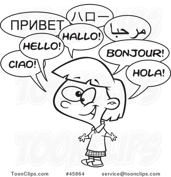 Cartoon Black and White Happy Talking Multilingual Girl