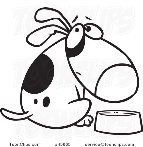 Cartoon Black and White Hungry Dog Looking over His Shoulder by a Dish