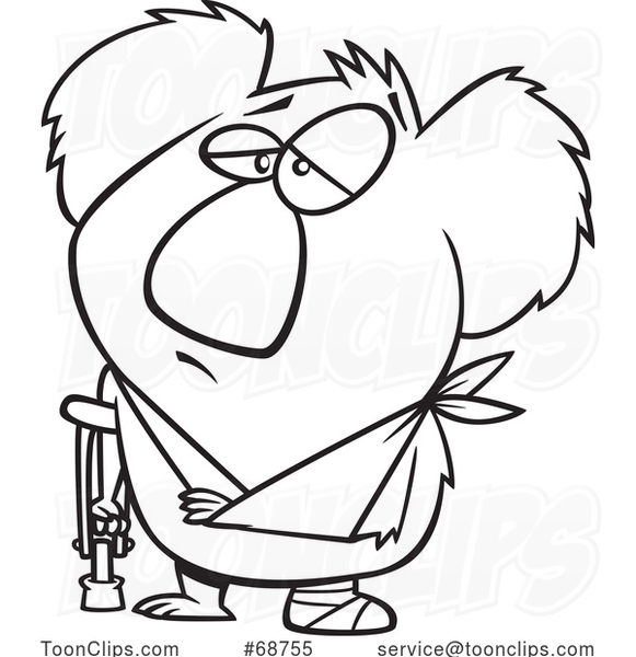 Cartoon Black and White Injured Koala with an Arm Sling and Crutch