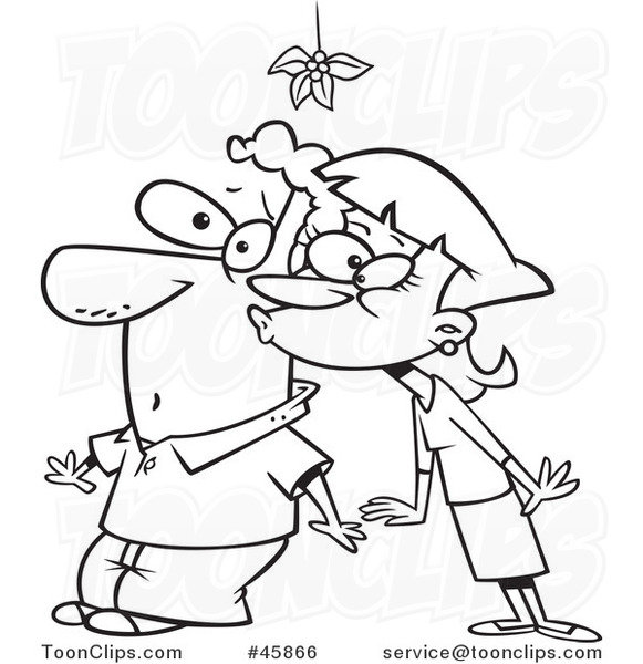 Cartoon Black and White Lady Kissing a Guy Under the Mistletoe