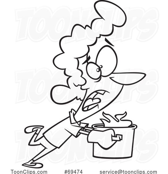 Cartoon Black and White Lady Running with a Kitchen Pot on Fire