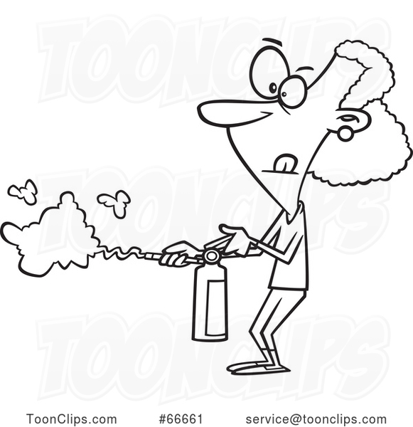 Cartoon Black and White Lady Using a Fire Extinguisher #66661 by Ron  Leishman