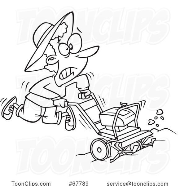 Cartoon Black and White Lady Using a Rototiller