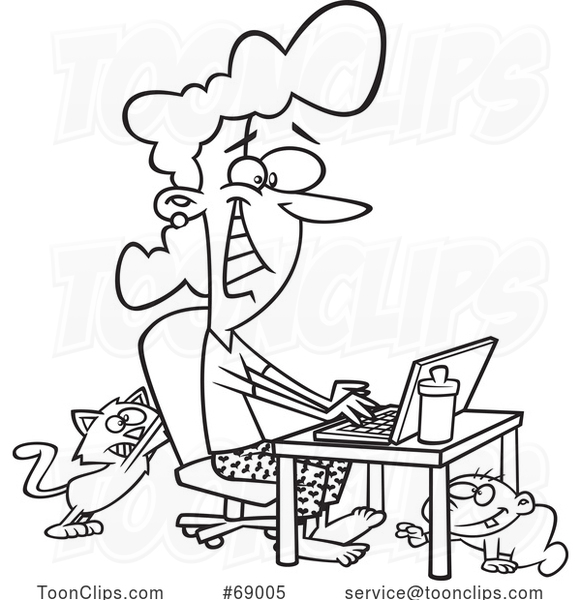 Cartoon Black and White Lady Working at Home As Her Baby Crawls and Cat Scratches Her Chair