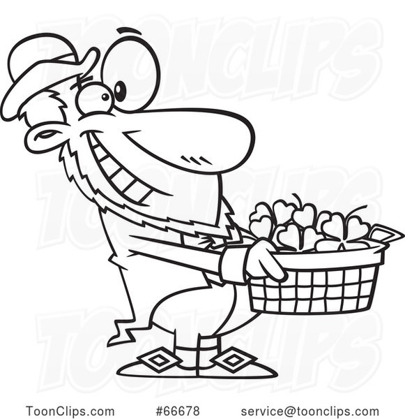 Cartoon Black and White Leprechaun Holding out a Basket of St Patricks Day Shamrocks