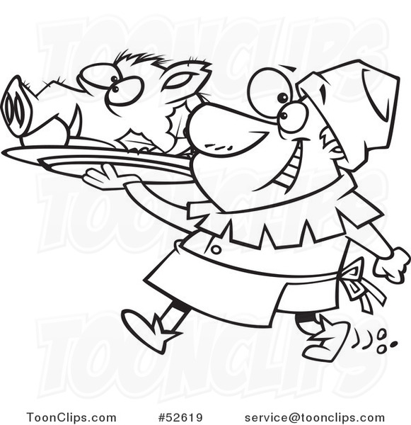 Cartoon Black and White Line Art of a Cheerful Castle Cook Chef Carrying a Pig Head on a Platter