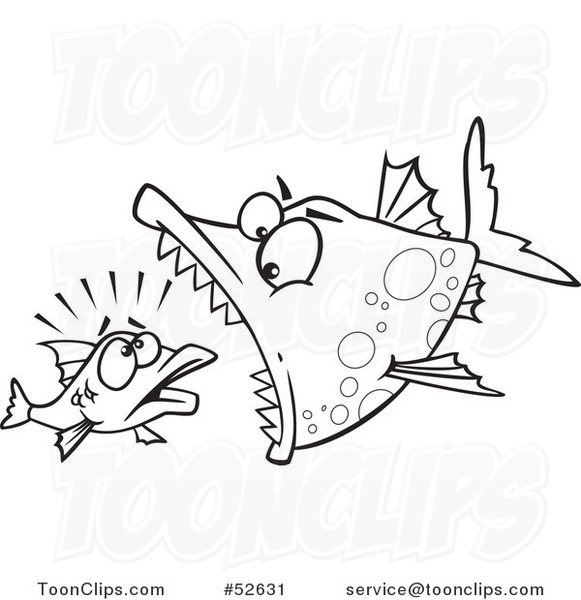 Cartoon Black and White Line Art of a Doomed Fish About to Be Eaten by a Big Fish