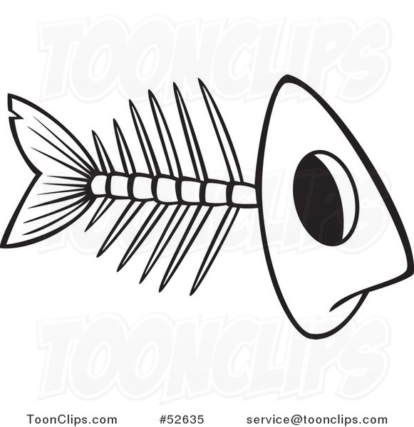 Cartoon Black and White Line Art of a Fish Bone Skeleton