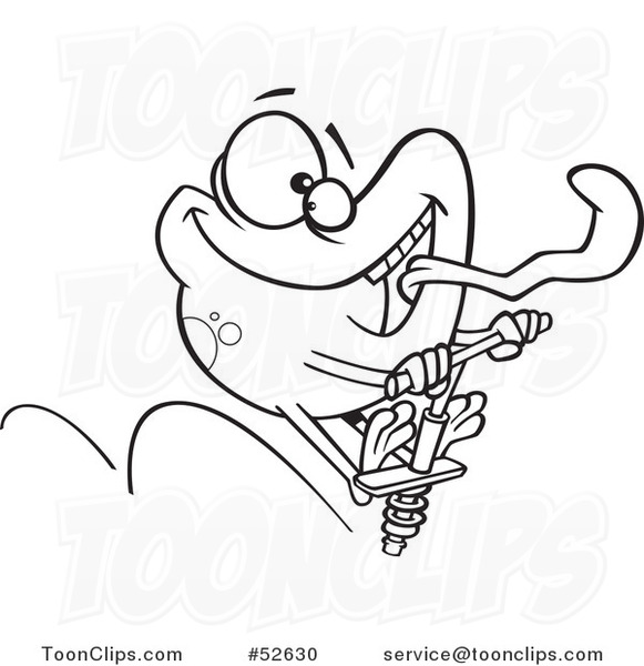 Cartoon Black and White Line Art of a Happy Frog Sticking His Tongue out and Jumping on a Pogo Stick