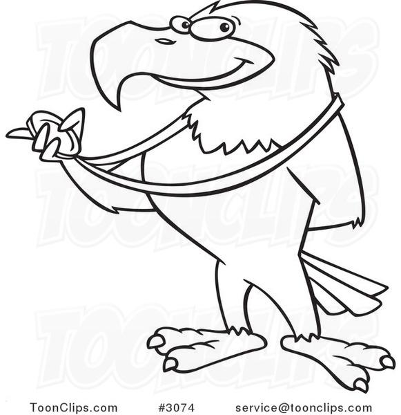 Cartoon Black and White Line Drawing of a Bald Eagle Holding a Medal #3074  by Ron Leishman
