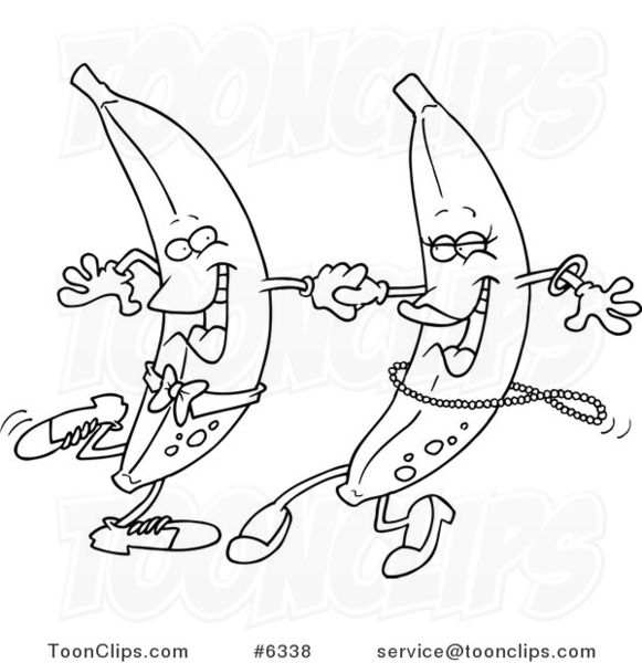 Cartoon Black and White Line Drawing of a Banana Couple Dancing