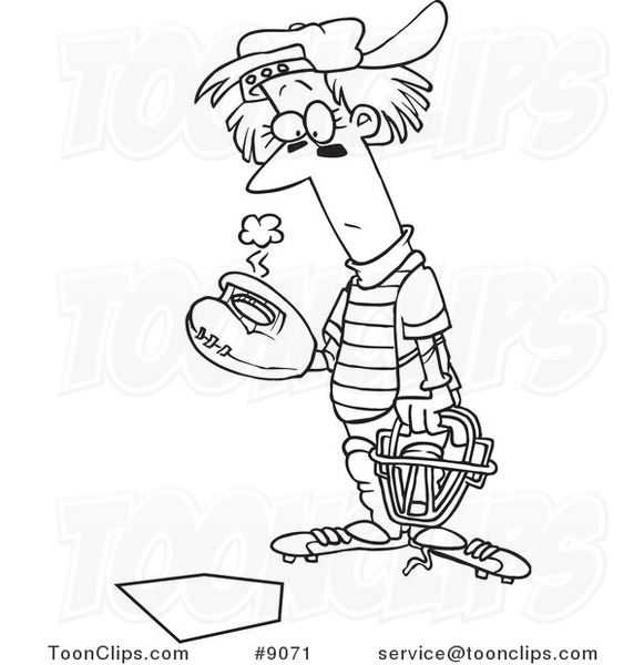 Cartoon Black and White Line Drawing of a Baseball Catcher
