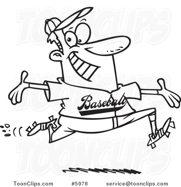 Cartoon Black and White Line Drawing of a Baseball Guy Making a Home Run