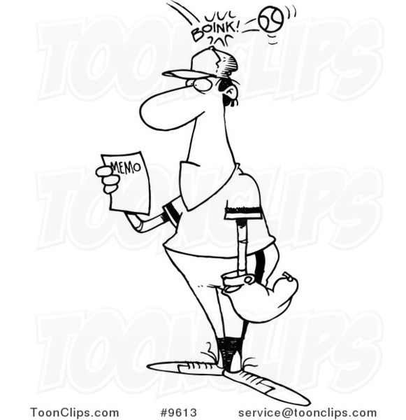 Cartoon Black and White Line Drawing of a Baseball Hitting a Player on the Head As He Reads a Memo