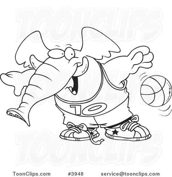 Cartoon Black and White Line Drawing of a Basketball Elephant