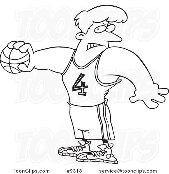 Cartoon Black and White Line Drawing of a Basketball Guy