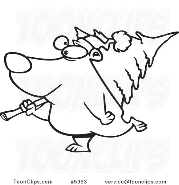 Cartoon Black and White Line Drawing of a Bear Carrying a Christmas Tree