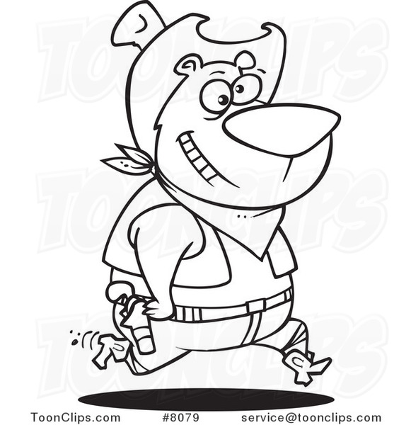 Cartoon Black and White Line Drawing of a Bear Cowboy