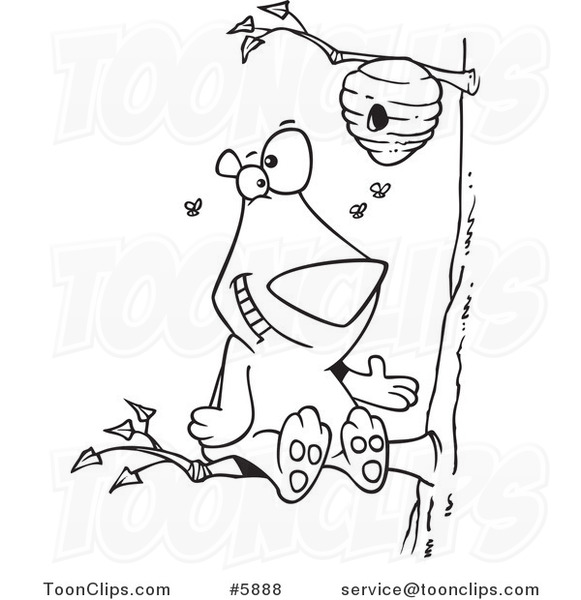 Cartoon Black and White Line Drawing of a Bear Sitting on a Branch and Getting Honey