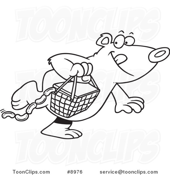 Cartoon Black and White Line Drawing of a Bear Stealing a Picnic Basket