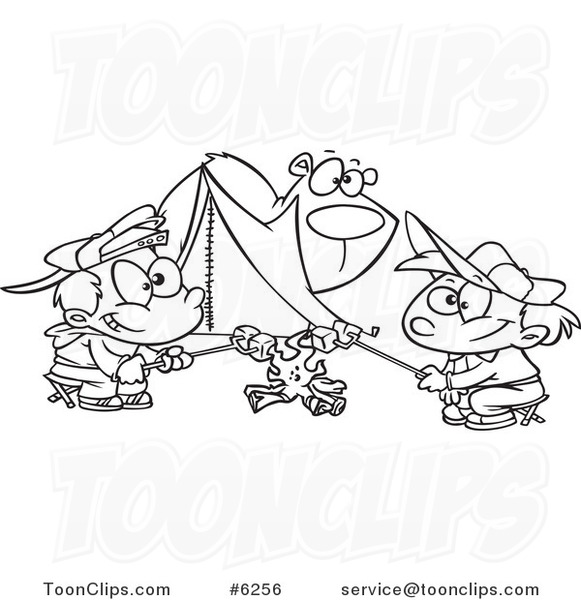 Cartoon Black and White Line Drawing of a Bear Watching Camping Boys Roast Marshmallows