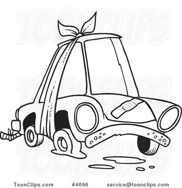 Cartoon Black and White Line Drawing of a Beater Car with Bandages and Flat  Tire #4096 by Ron Leishman