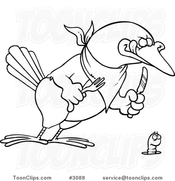 Cartoon Black and White Line Drawing of a Big Bird Ready to Dine on a Worm
