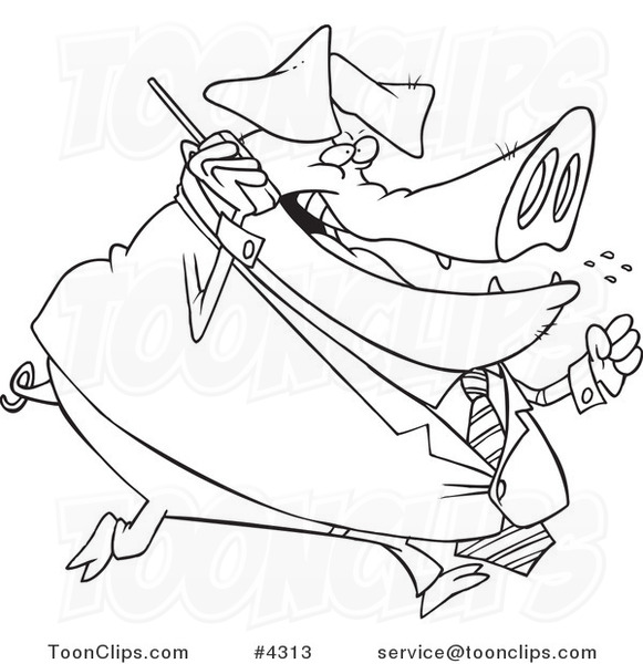 Cartoon Black and White Line Drawing of a Big Pig Business Man Talking on a Cell Phone