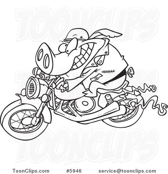 Cartoon Black and White Line Drawing of a Biker Pig