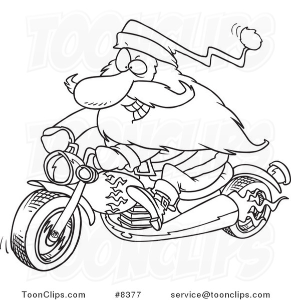 Cartoon Black and White Line Drawing of a Biker Santa on a Motorcycle