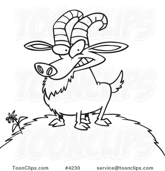 Cartoon Black and White Line Drawing of a Billy Goat on a Hill #4230 by Ron  Leishman