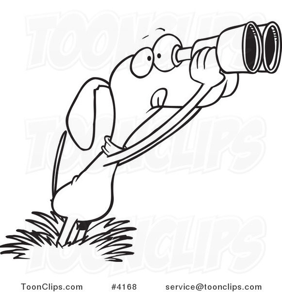 Cartoon Black and White Line Drawing of a Bird Dog Using Binoculars