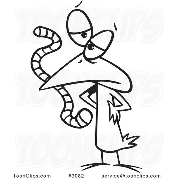 Cartoon Black and White Line Drawing of a Bird Eating a Worm #3082 by Ron  Leishman