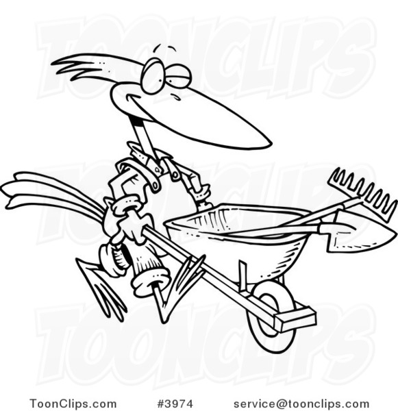 Cartoon Black and White Line Drawing of a Bird Landscaper Pushing a Wheel Barrow