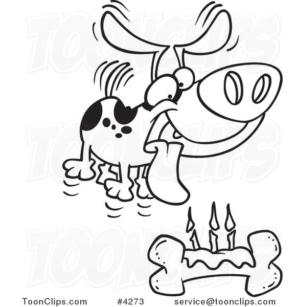 Cartoon Black and White Line Drawing of a Birthday Dog with a Bone Cake