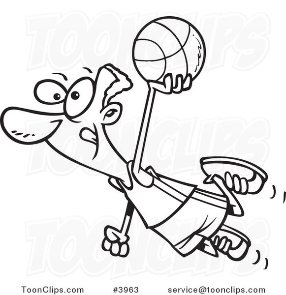 Cartoon Black and White Line Drawing of a Basketball Boy with a Big Ball  #3966 by Ron Leishman