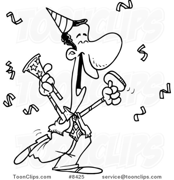 Cartoon Black and White Line Drawing of a Black Business Man Celebrating at a Party
